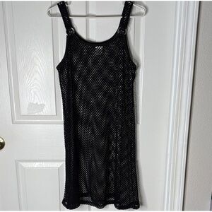 Black FishNet LBD Mesh Crochet Knit Tank Mini Dress Beach Coverup Silver Ring XL